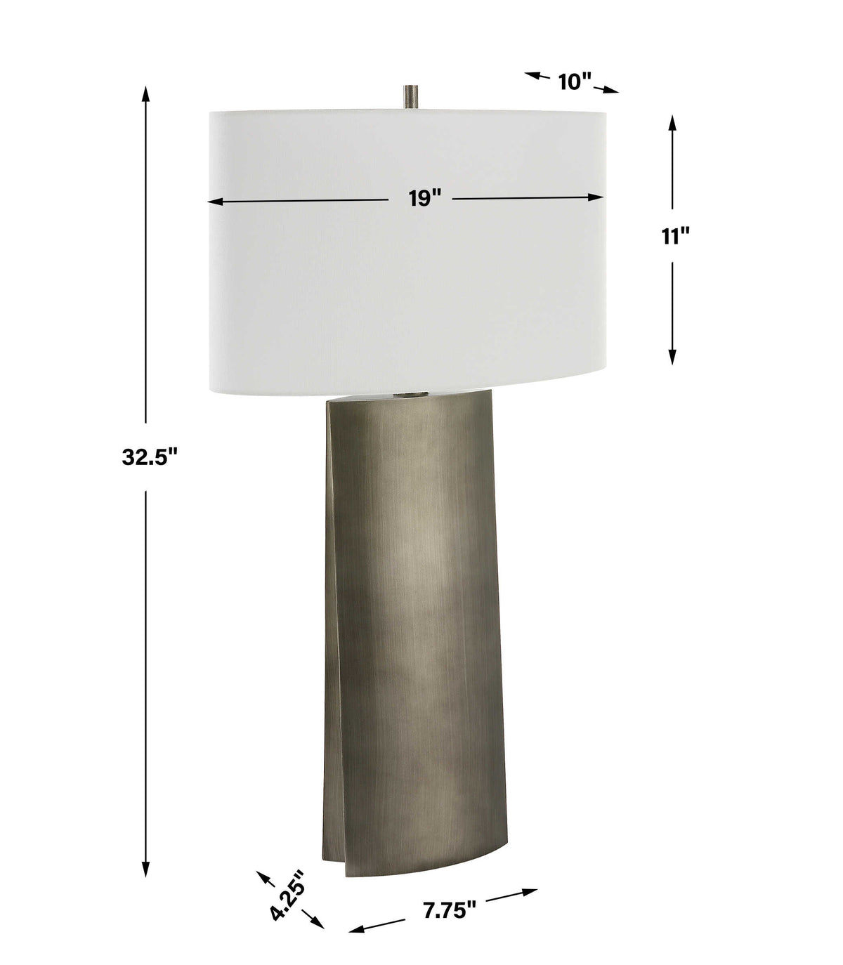Table lamp dimensions, 19 inch wide, 10 inch deep, 32.5 inch high, 11.5 pounds