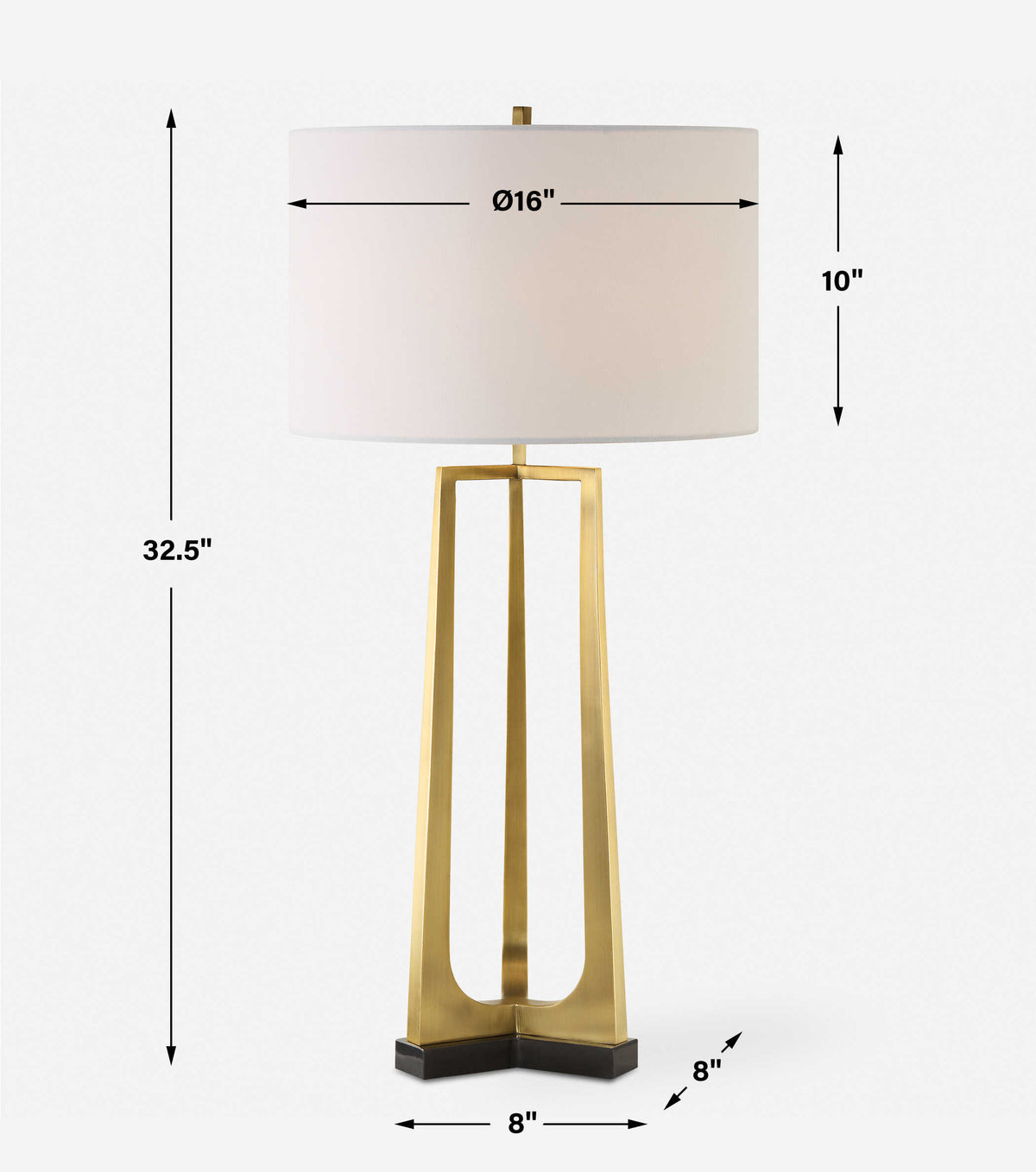 Tripod table lamp dimensions, 16 inch wide, 16 inch deep, 32.5 inch high, 6.6 lb