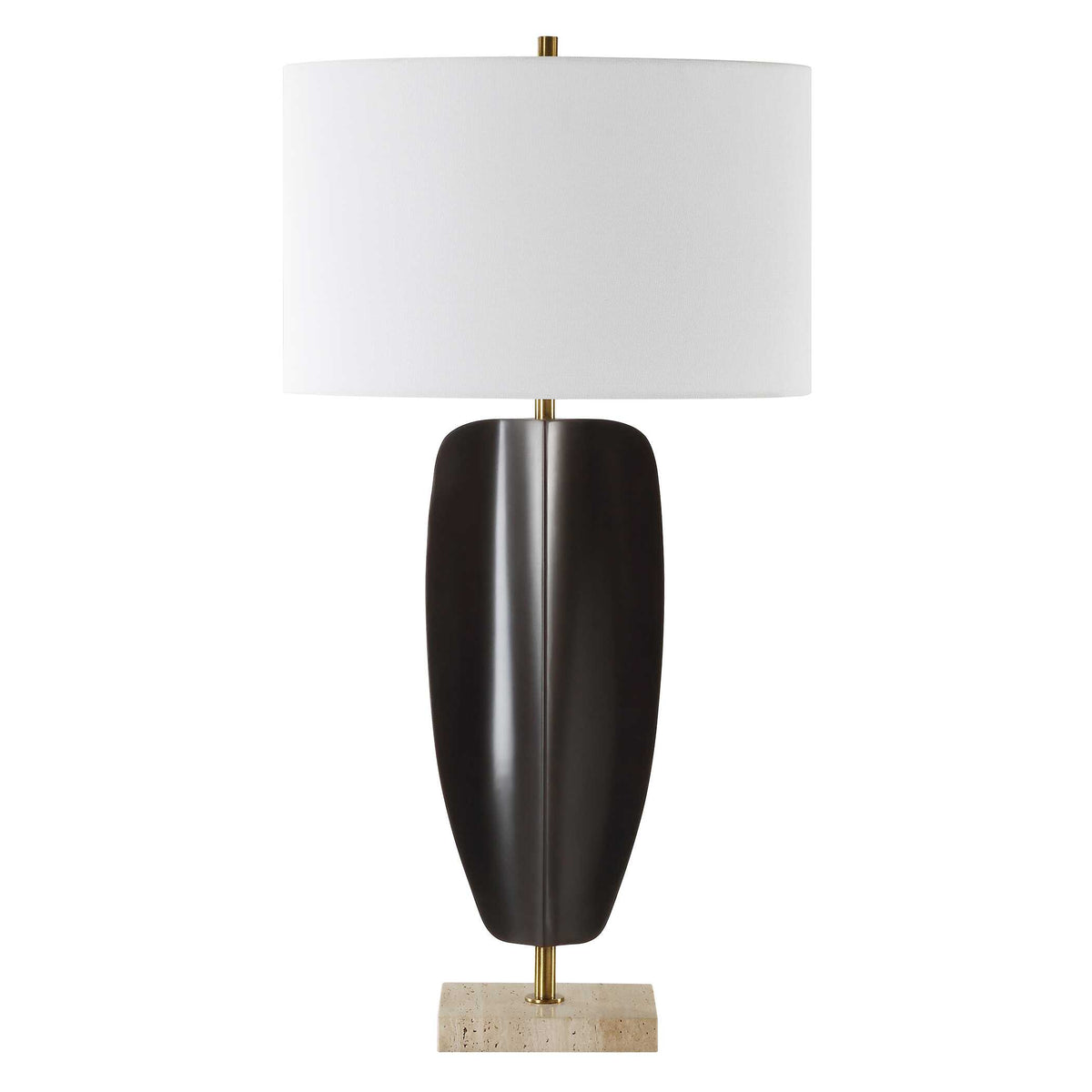 Old Money Vintage style bedside lamp with matte black hand forged iron form, side angle on white
