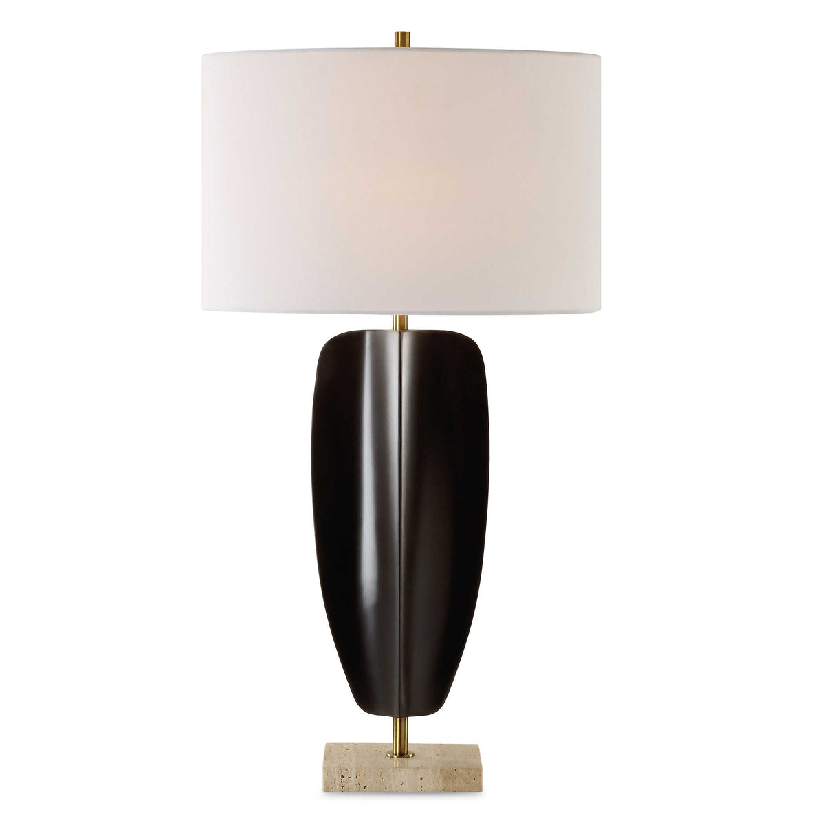 30 inch matte black sculptural iron table lamp with travertine base