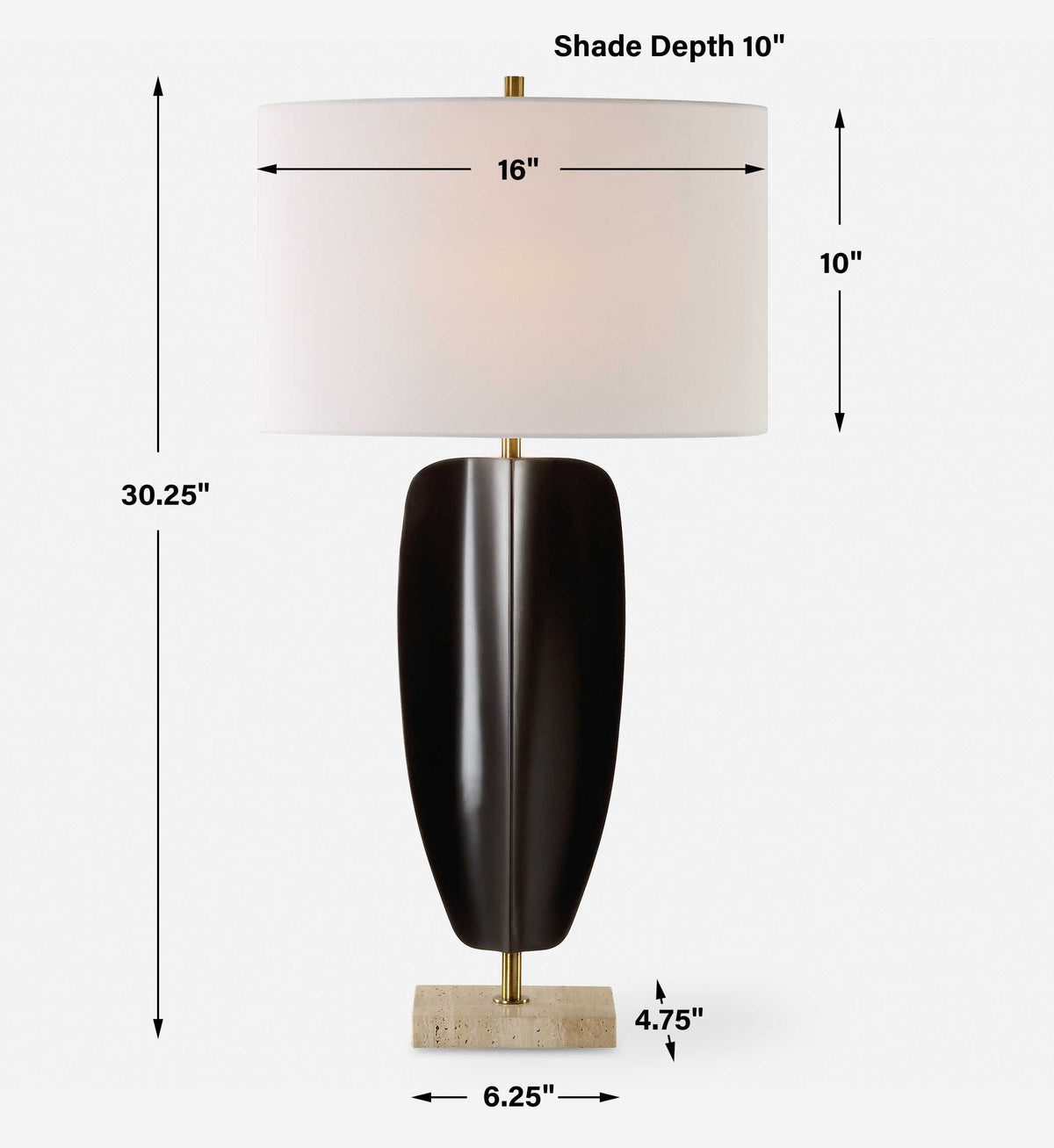 Black iron table lamp dimensions, 16 inch wide x 10 inch deep x 30.25 inch high