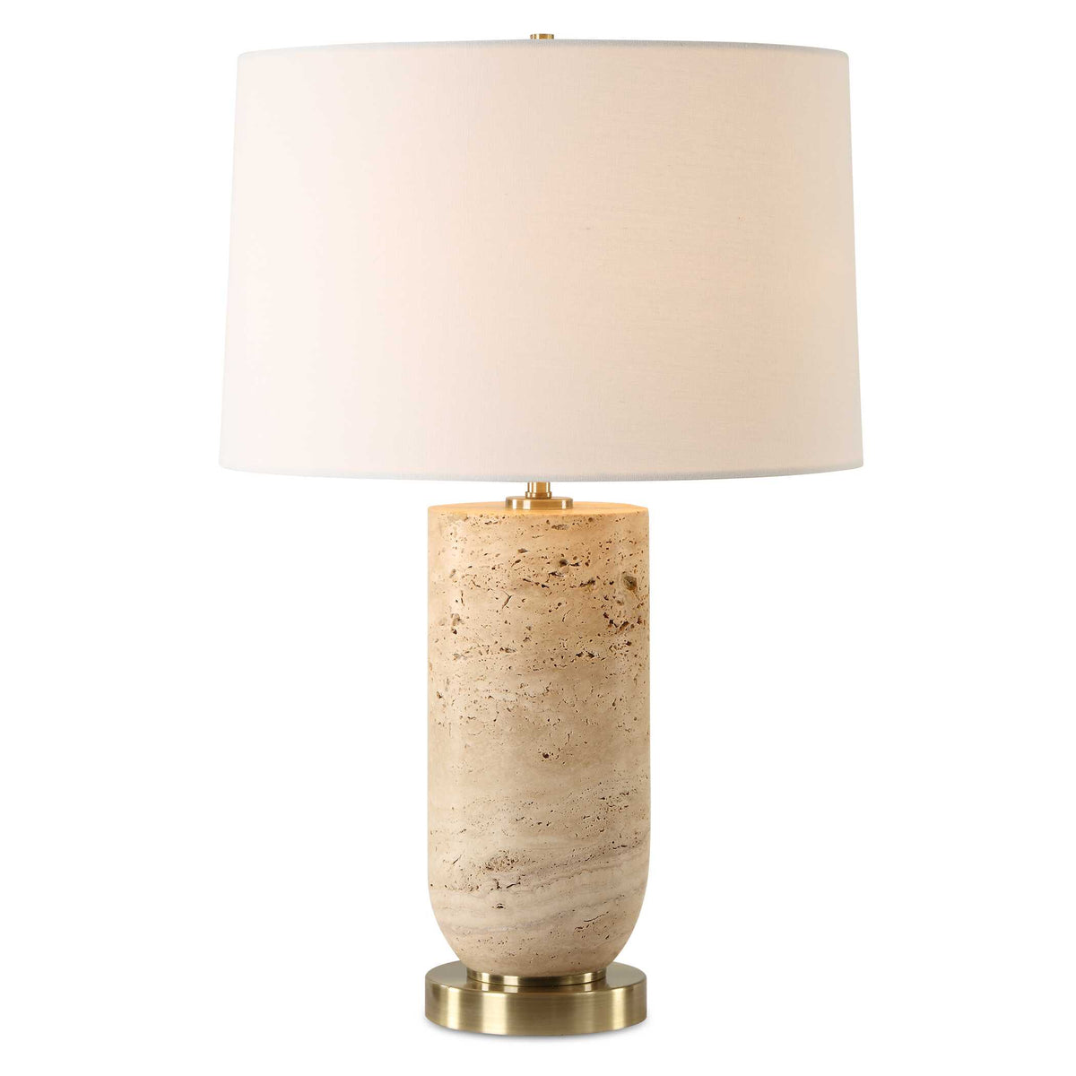 25 inch natural travertine table lamp with antique brass accents and white shade