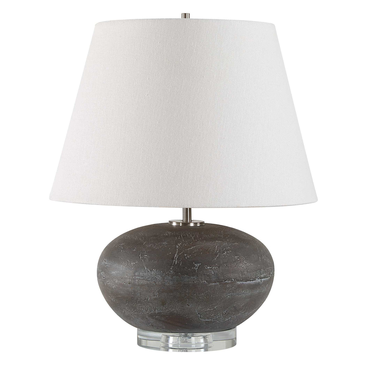 18.75 inch tall, 15 inch wide living room lamp, rounded charcoal glaze base on a thick crystal foot