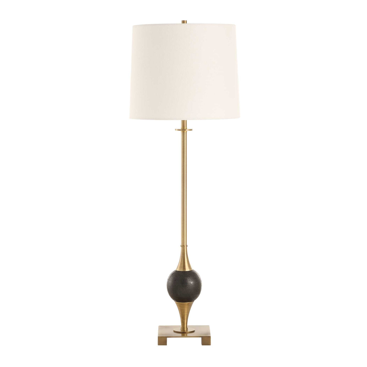 Tall slim table lamp front view, plated brass stem flaring to a black dolomite marble sphere on a square footed base