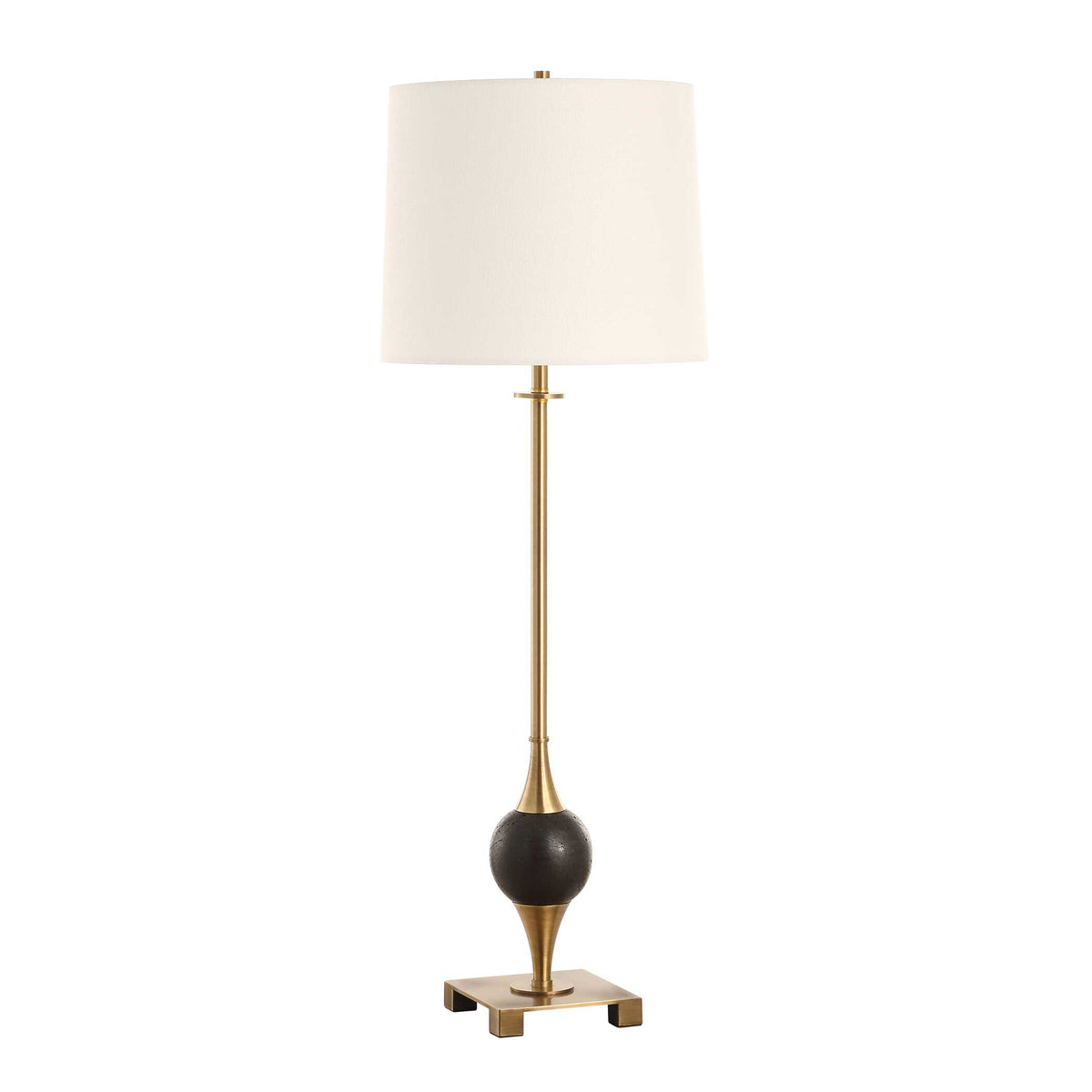 Art Deco buffet lamp angled view, 12 inch wide bell drum shade over brass and black dolomite marble, 7.78 lb