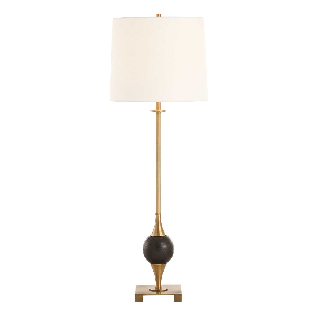 Dark Academia Old Money Vintage buffet lamp side view, black dolomite marble orb between flared plated brass cups