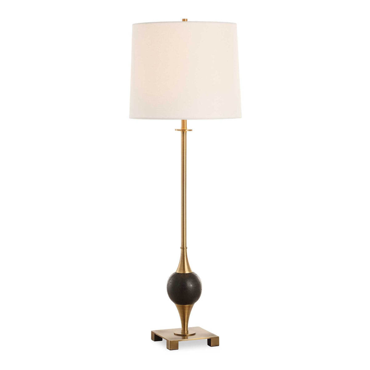 Brass buffet lamp, 35 inch, with black marble orb and white linen shade