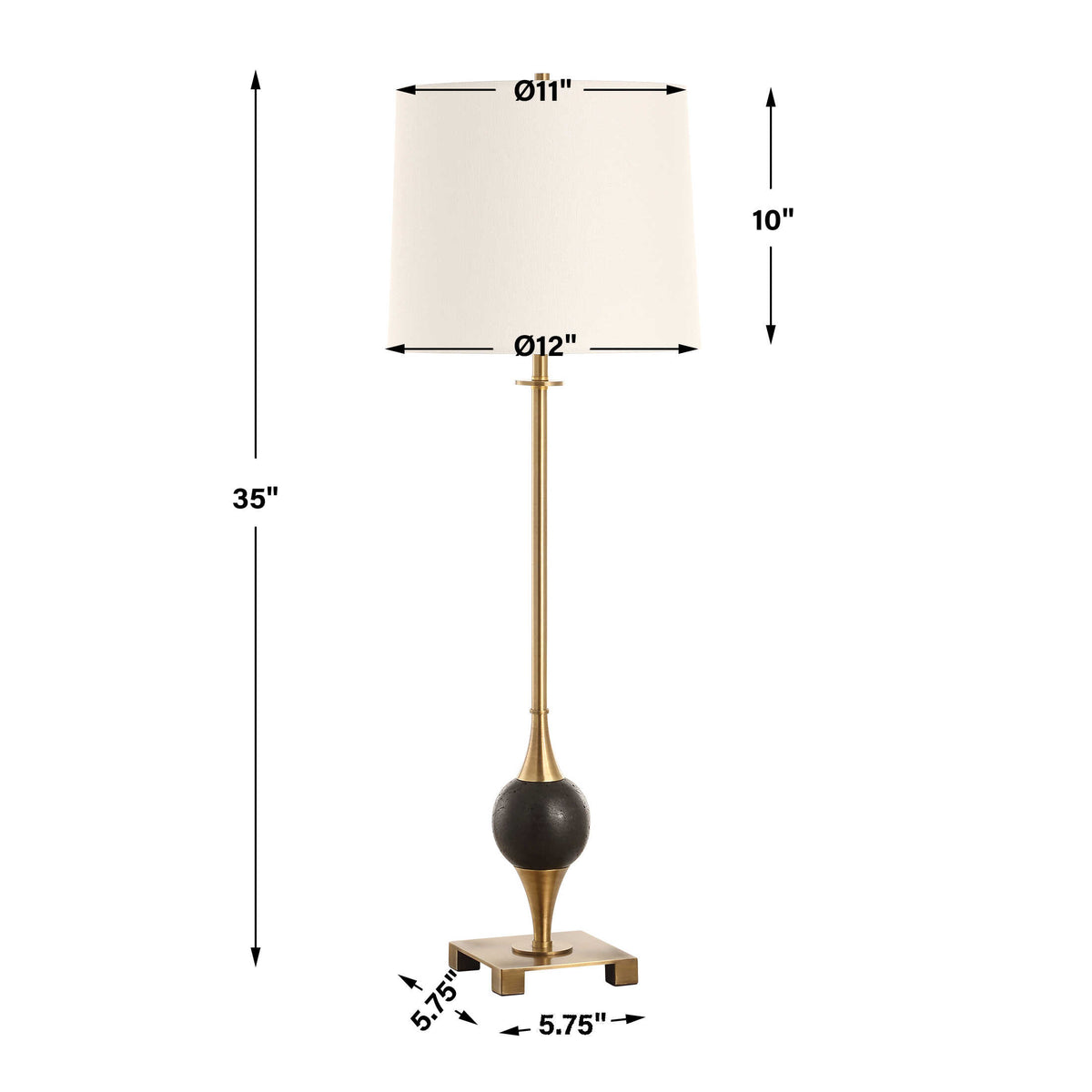 Buffet lamp dimensions, 12 x 12 x 35 inches, brass and black dolomite marble with bell drum shade