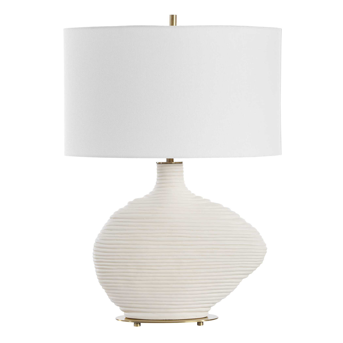 Front view of the organically shaped stacked ring ceramic base and antique brass plated foot, white nightstand lamp