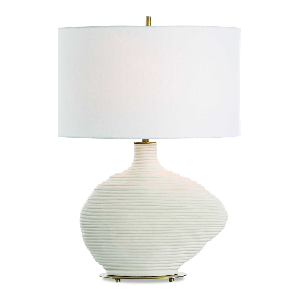 24" White Stacked Ring Ceramic Table Lamp with Oval Linen Shade