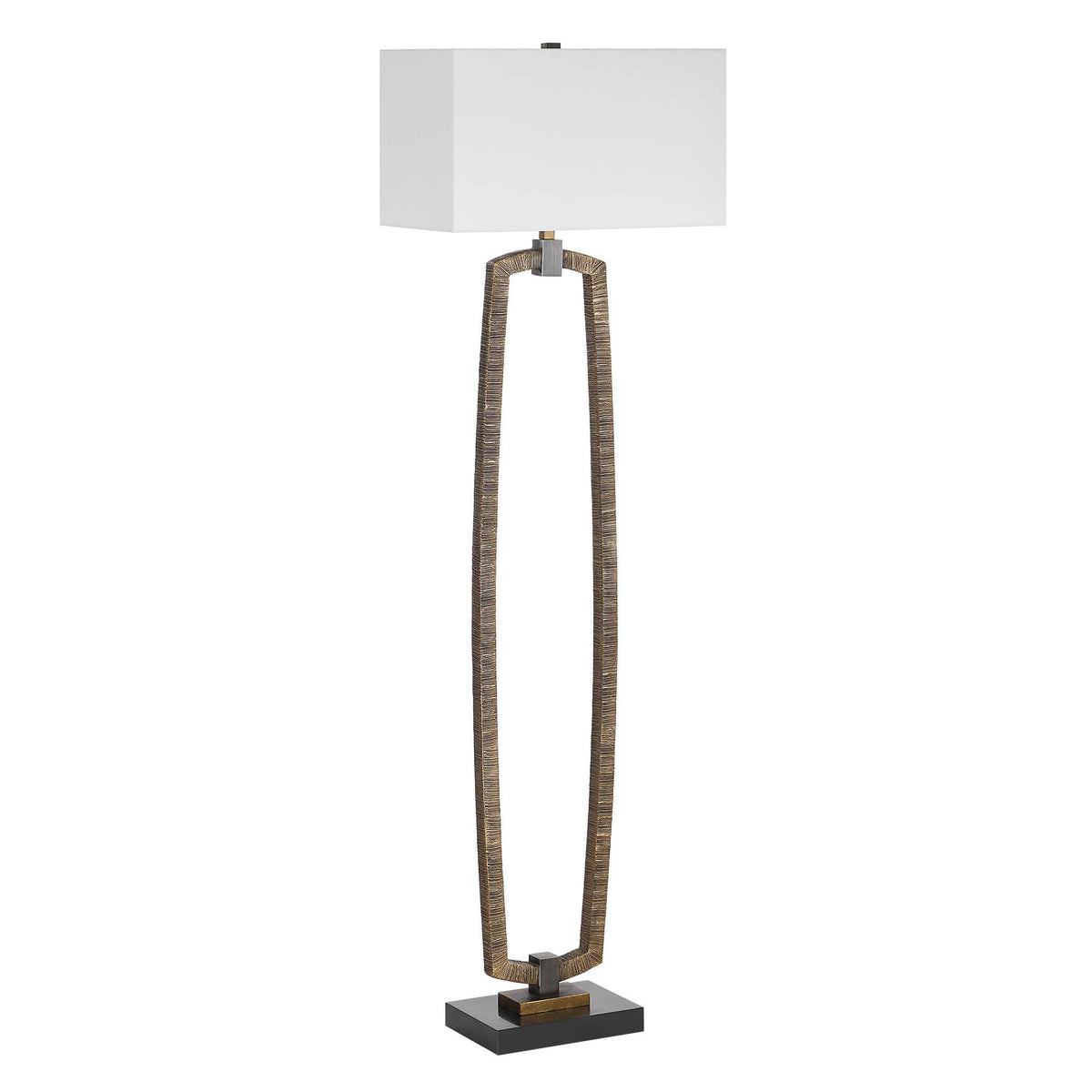 Deeply Antiqued Gold floor lamp with parallel carved base, dark bronze accents and rectangular linen shade