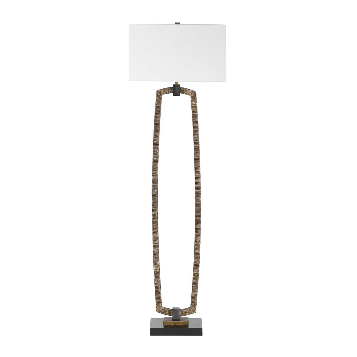 Art Deco gold floor lamp with elongated open loop base and black marble foot, 63.5 inch tall, light off