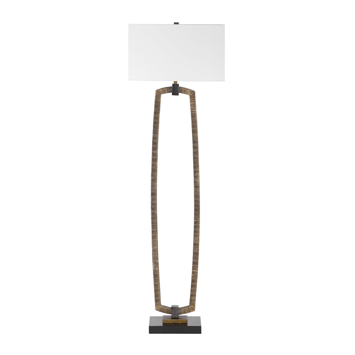 Front view of the antiqued gold floor lamp with light off, 19 inch wide rectangular shade