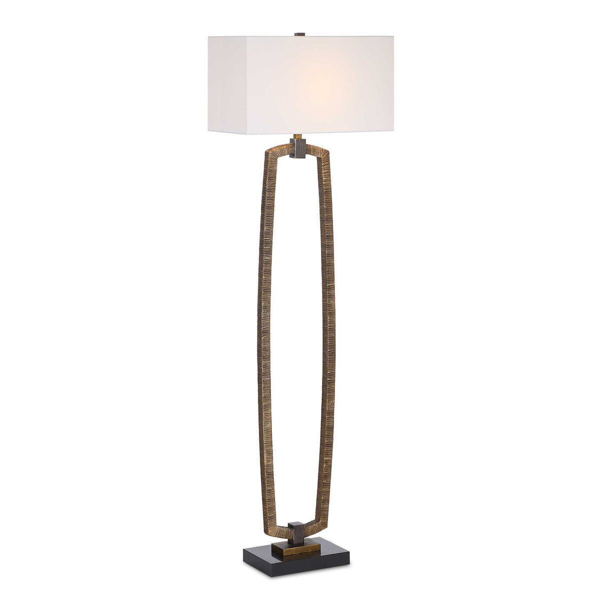 64" Antique Gold Floor Lamp with Black Marble Base and Linen Shade