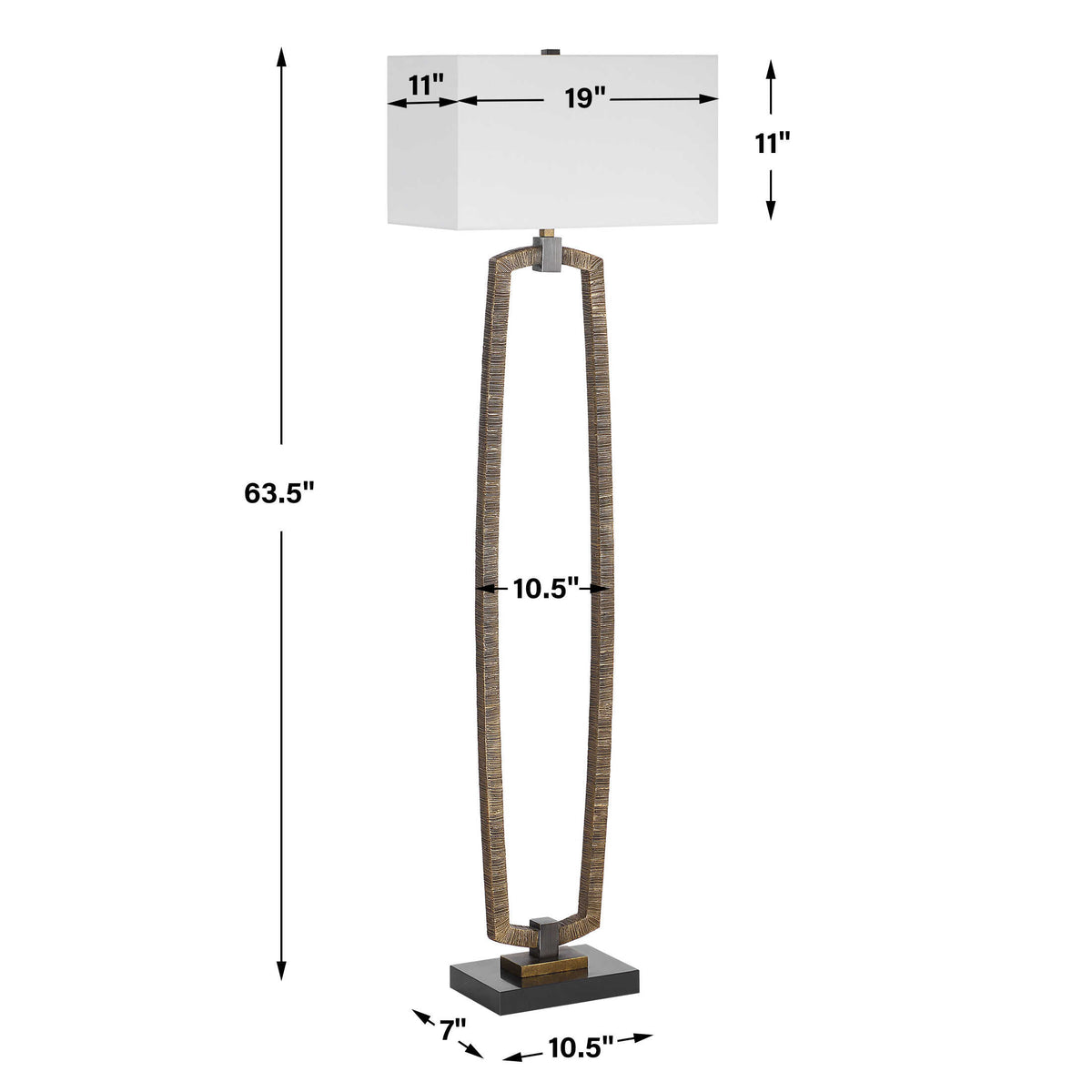 Floor lamp dimensions, 19 x 11 x 63.5 inches, 11 inch tall shade, 10.5 x 7 inch black marble base
