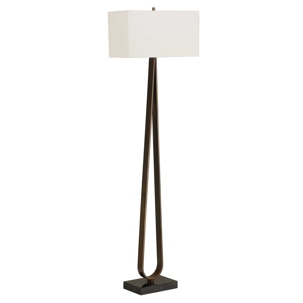 Minimalist bronze floor lamp with a looped iron column and white hardback shade, front view