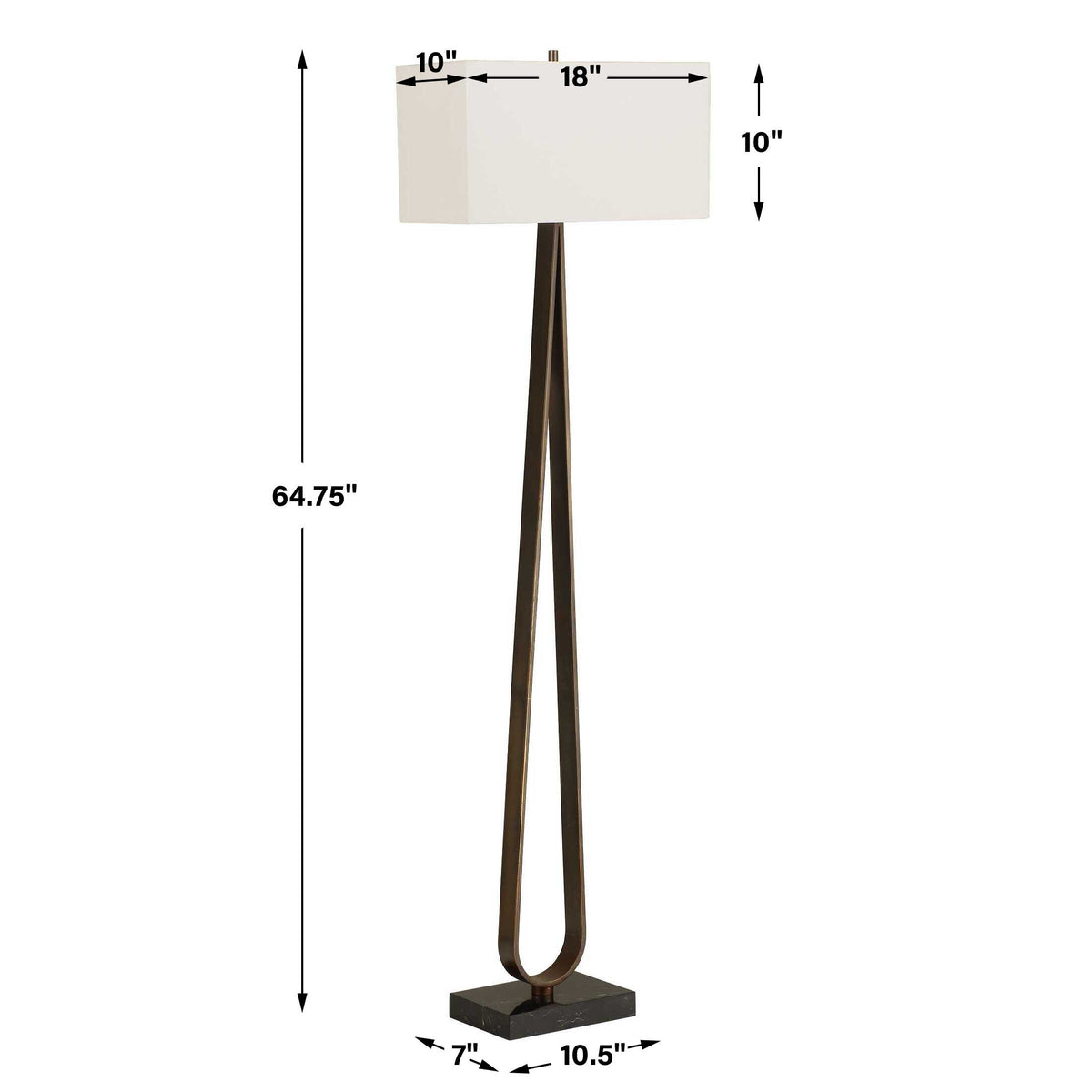 Bronze floor lamp dimensions, 18 inch W x 10 inch D x 64.75 inch H, 10 inch tall shade