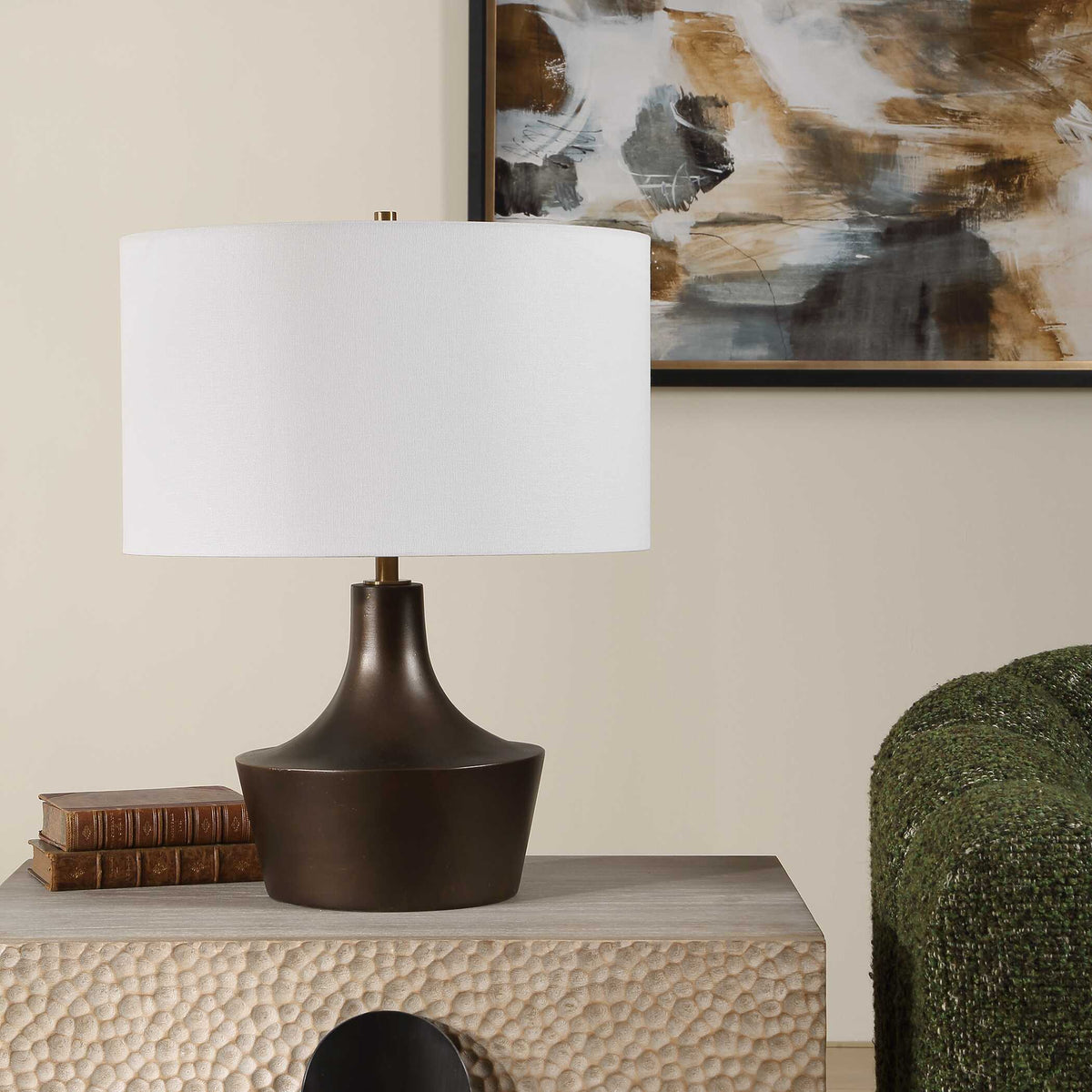 Mid Century living room lamp with gracefully curved warm bronze base and 17 inch white drum shade