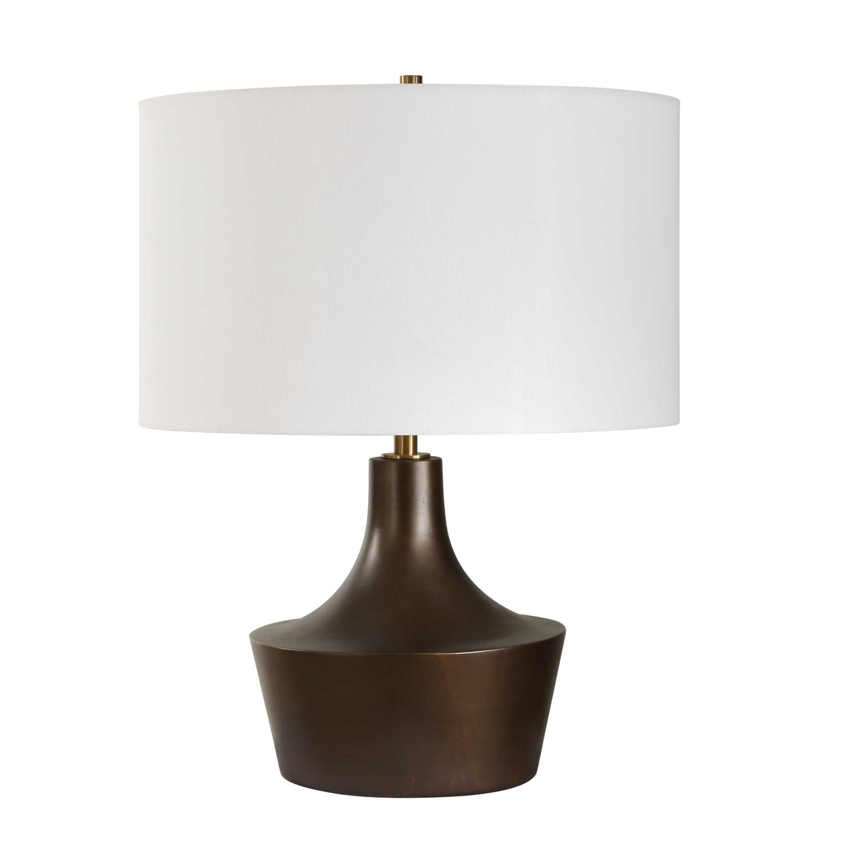 Dark Academia bedside lamp 21.75 inches tall, flared bronze base with antique brass neck and finial