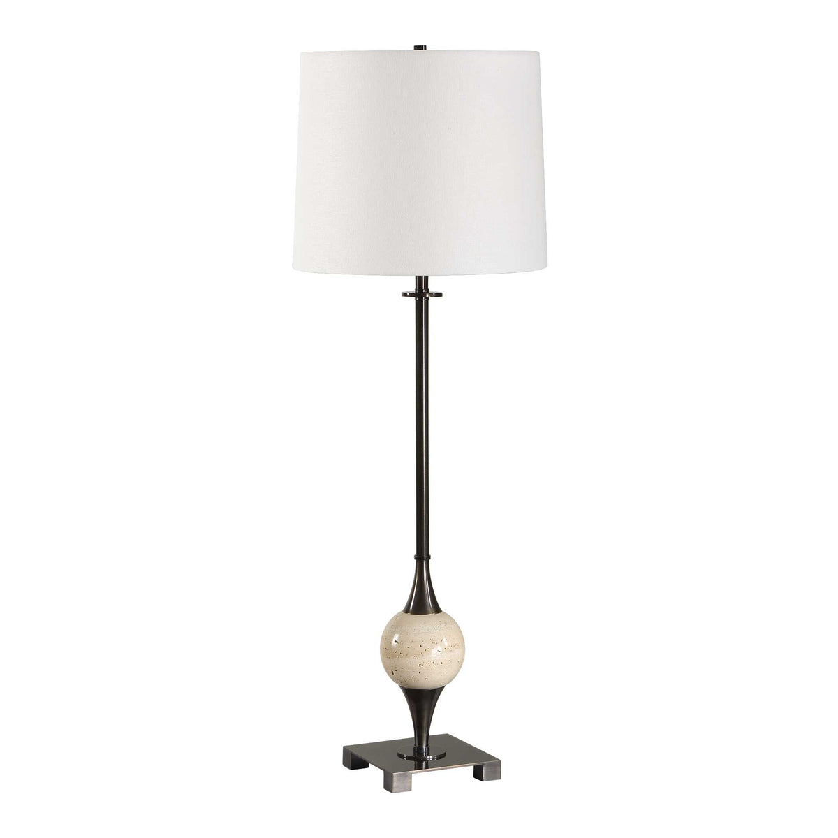 Dempsey buffet lamp front view, dark bronze tapered stem with a travertine orb over a square footed base