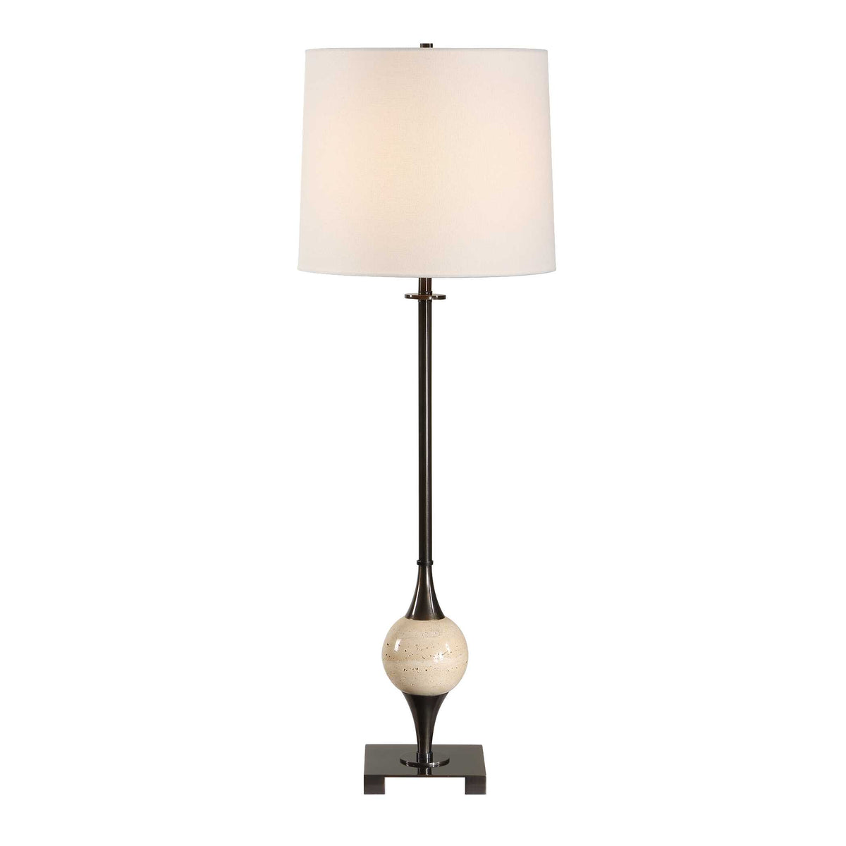 Console lamp angled view, off-white travertine sphere set between flared dark bronze cups, 35 inches tall