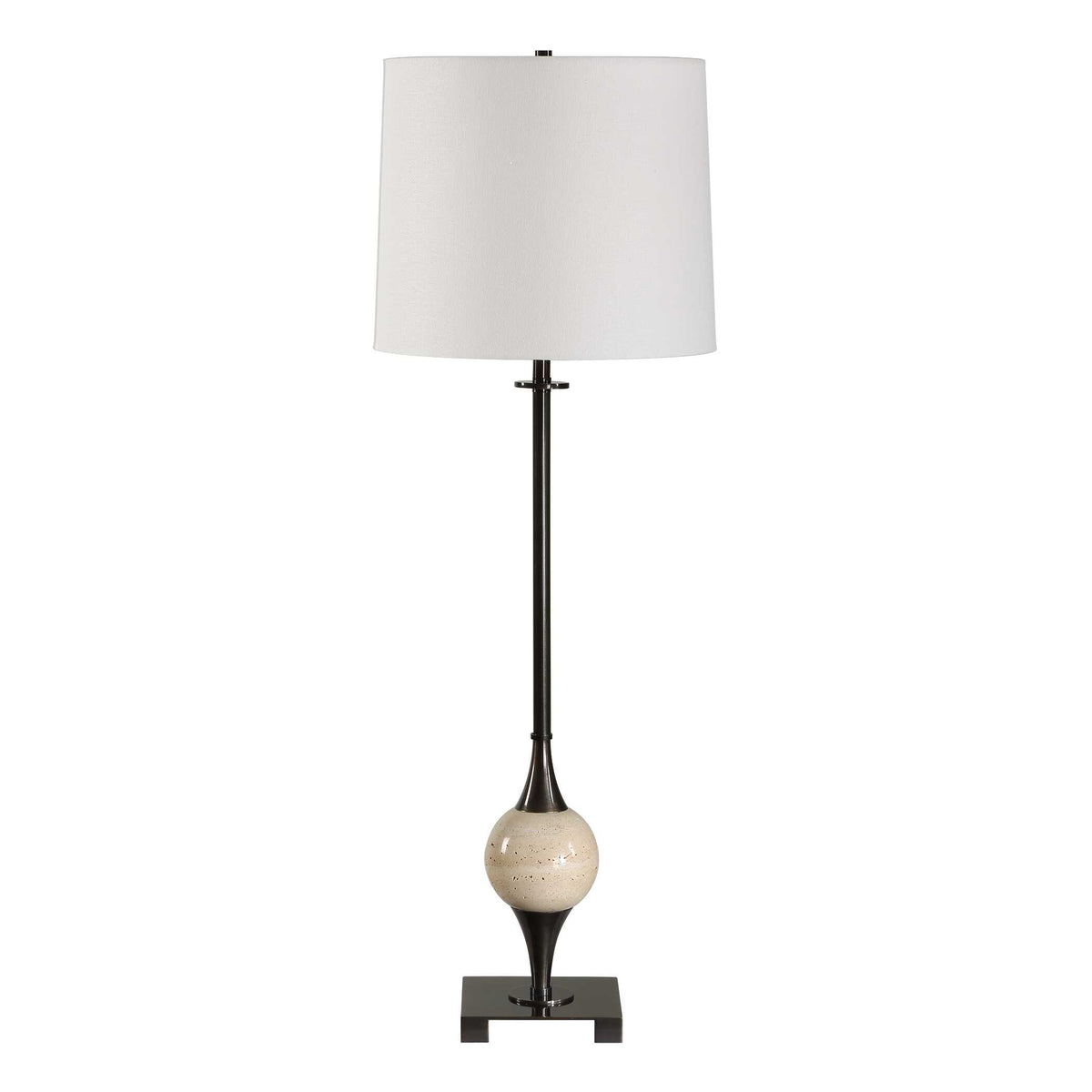 Tall slim table lamp, 6.9 lb, dark bronze stem with travertine orb and square bronze base, Art Deco Dark Academia