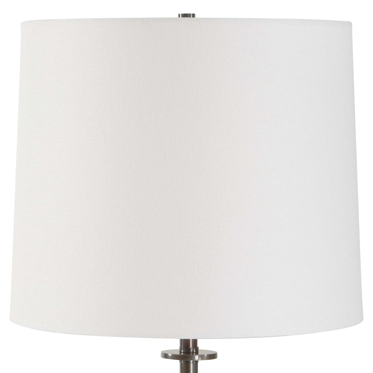 Close up of the white bell drum hardback shade with dark bronze finial and collar, 12 inch wide