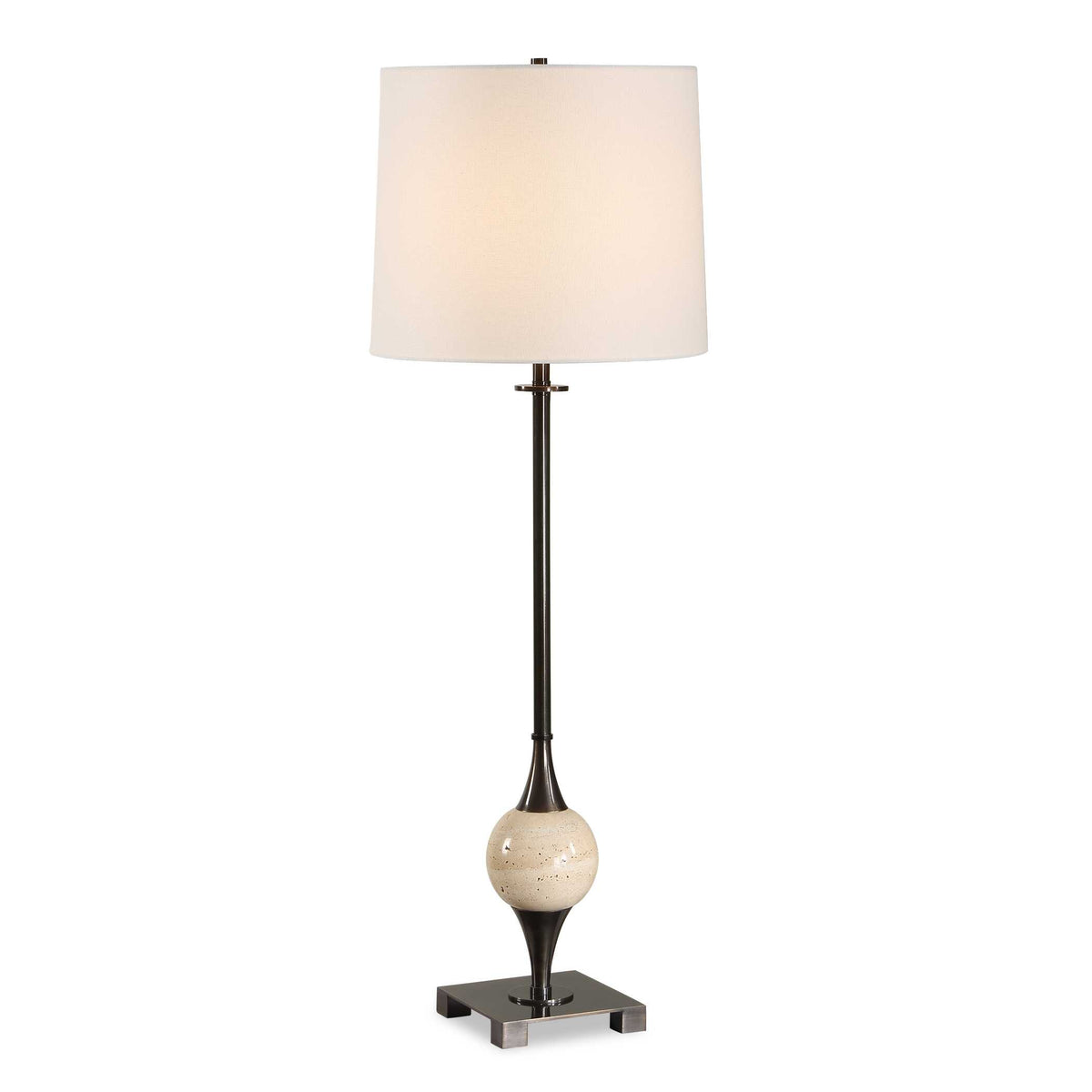 Dark bronze buffet lamp, 35 inch, with travertine orb and white linen shade