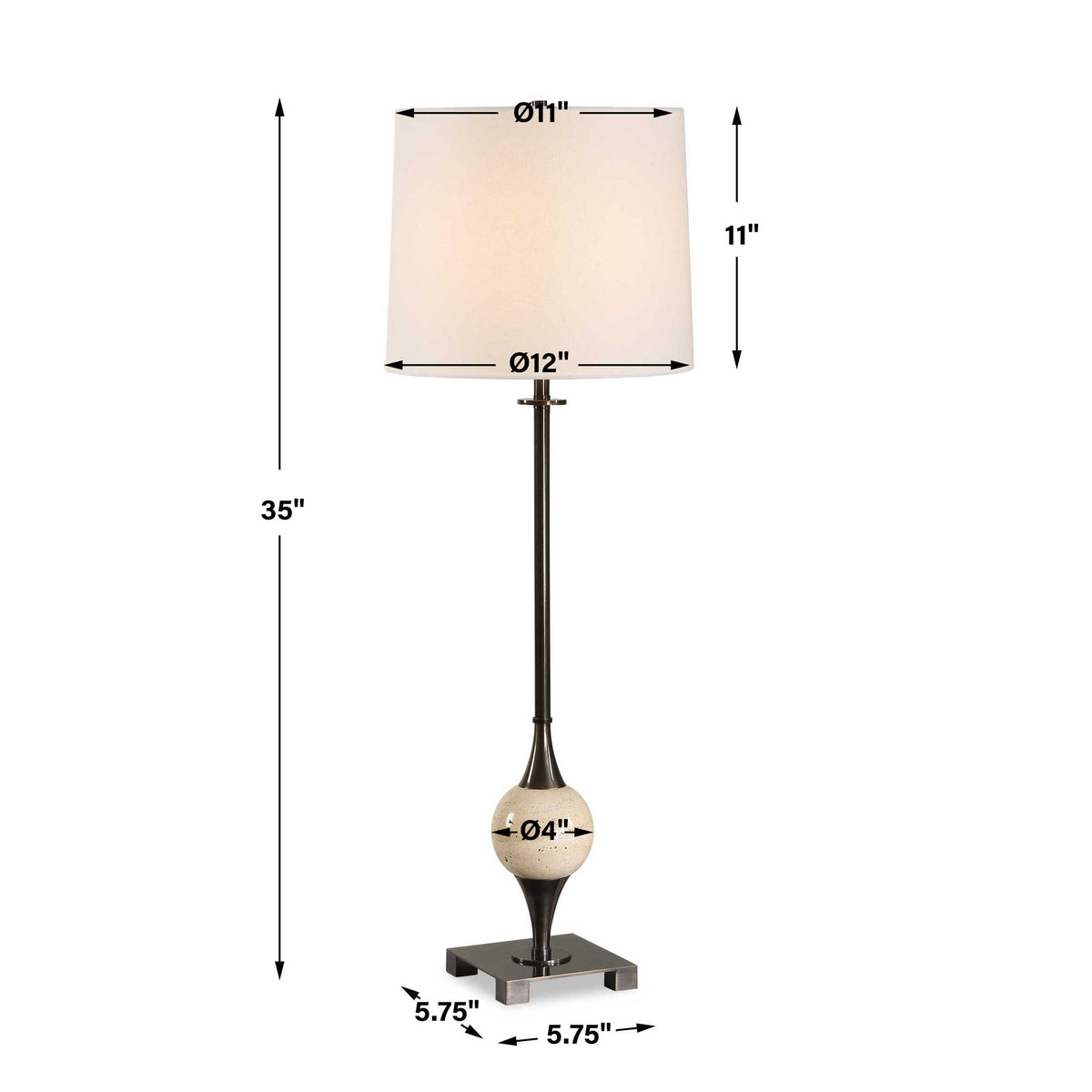 Buffet lamp dimensions, 12 x 12 x 35 inches, dark bronze and travertine with bell drum shade