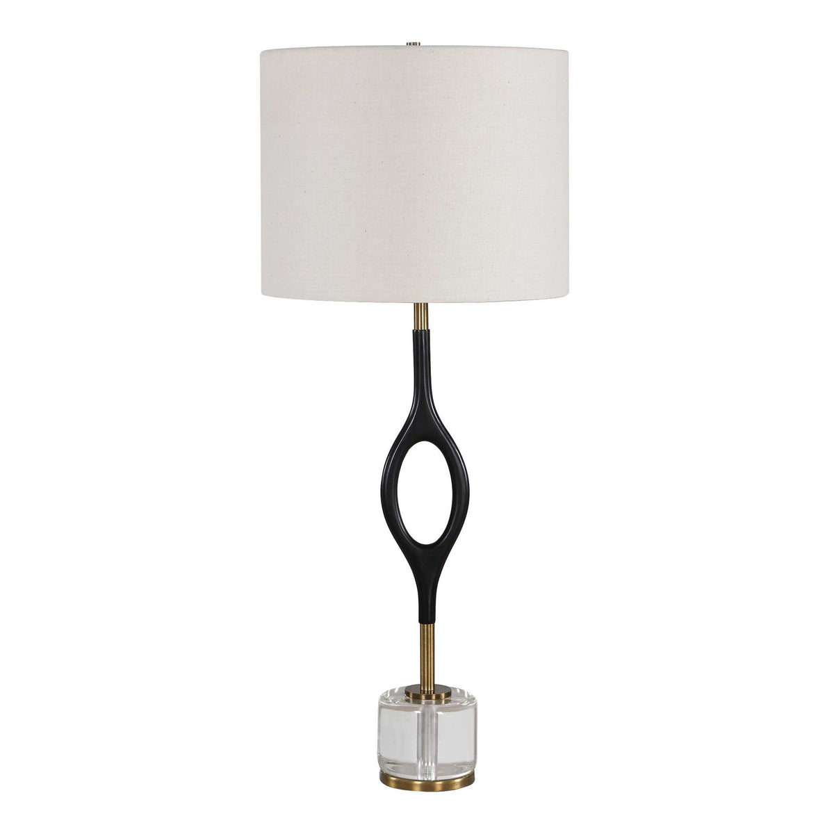 Mid century black sculptural buffet lamp with antique brass accents, 30.25 inches tall