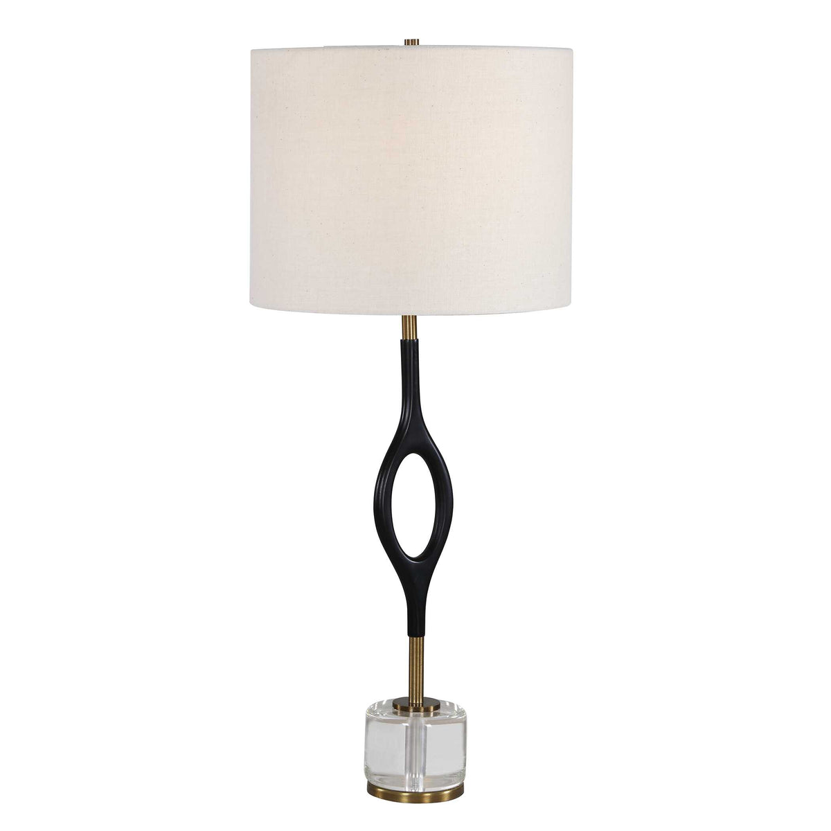 Cordless LED tall slim table lamp with 13 inch wide white drum hardback shade, dark academia look