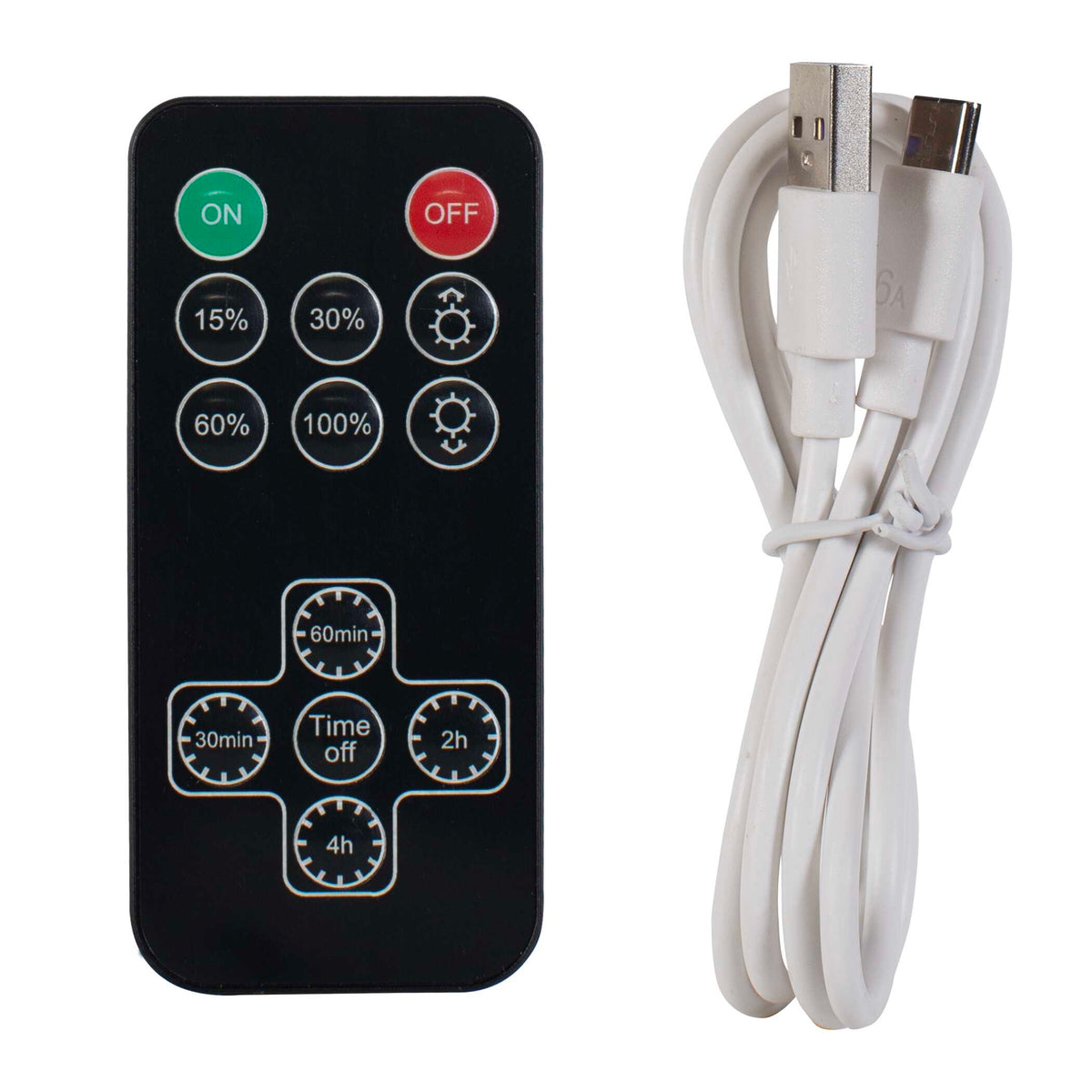 Remote and USB to USB-C charging cord included with a cordless black and brass console lamp