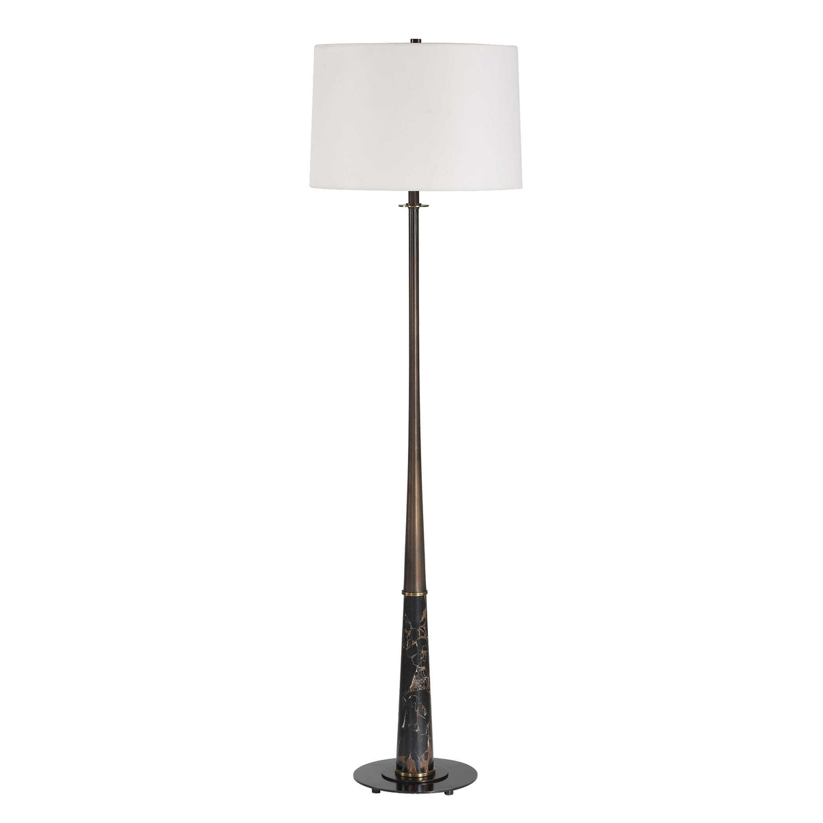 61 inch tall old money vintage reading lamp, dark bronze tapered stem with slightly tapered hardback shade