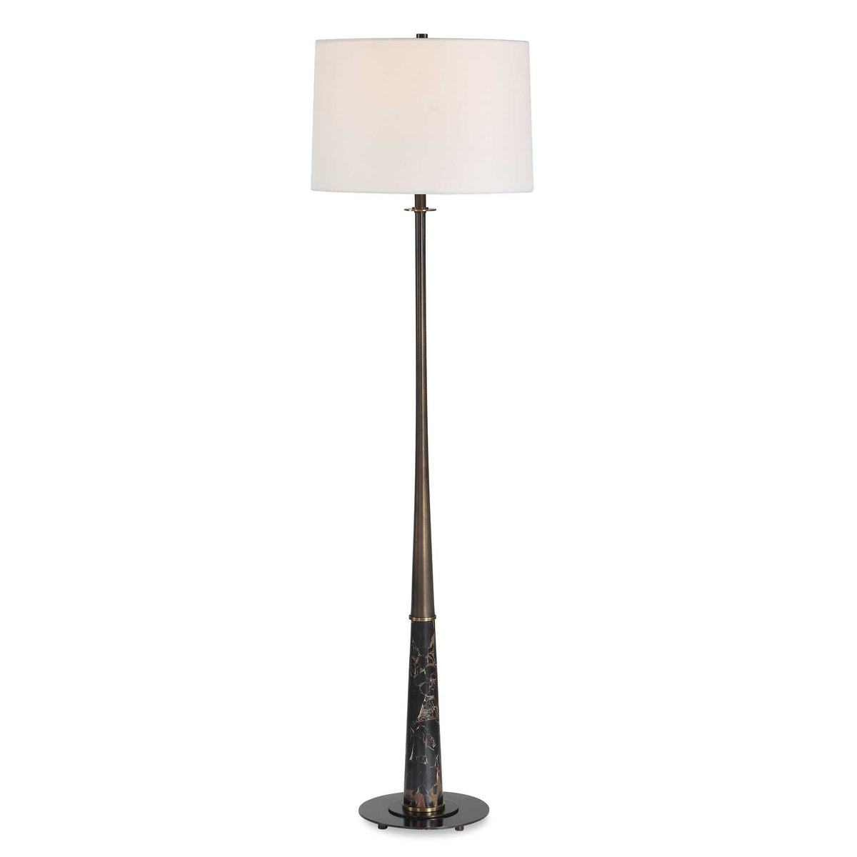 61" Dark Bronze and Black Marble Floor Lamp with White Linen Shade