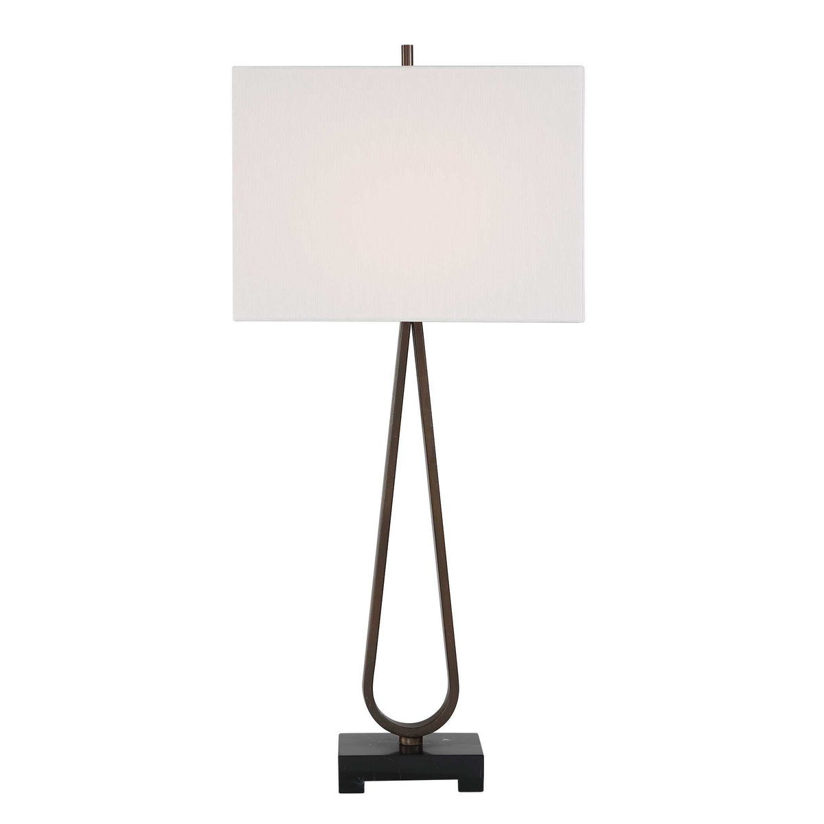 Front view of the slim dark bronze iron loop silhouette and black marble foot, 6 pound nightstand lamp