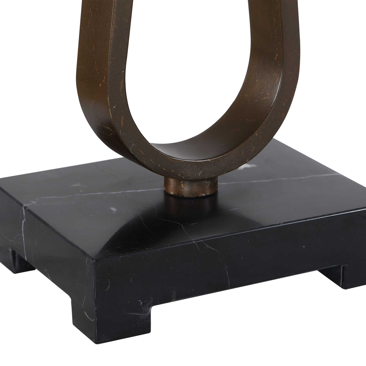 Detail of the black marble foot with subtle white veining and dark bronze iron loop, Old Money Vintage lamp