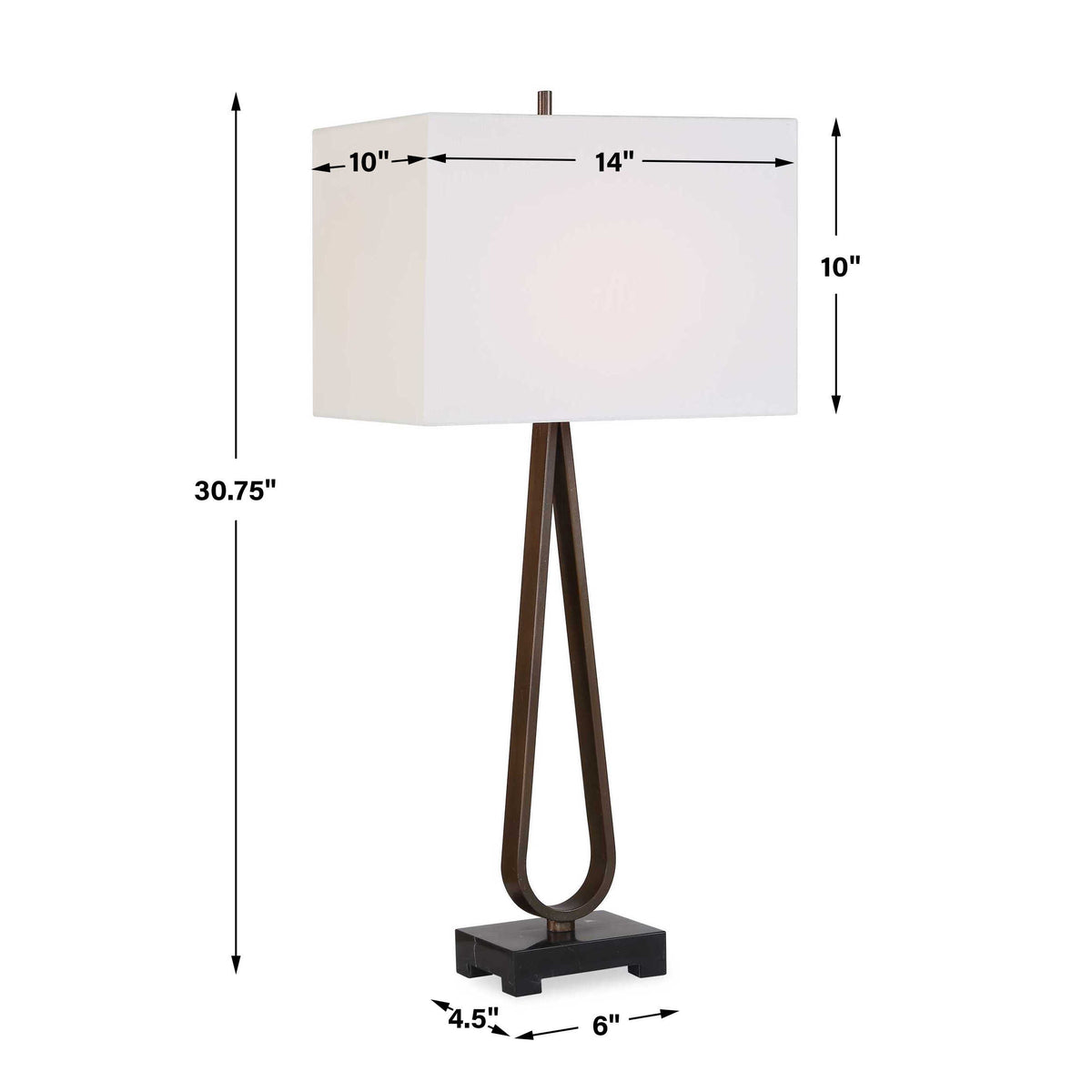 Slim dark bronze table lamp dimensions, 14 inch wide, 10 inch deep, 30.75 inch high