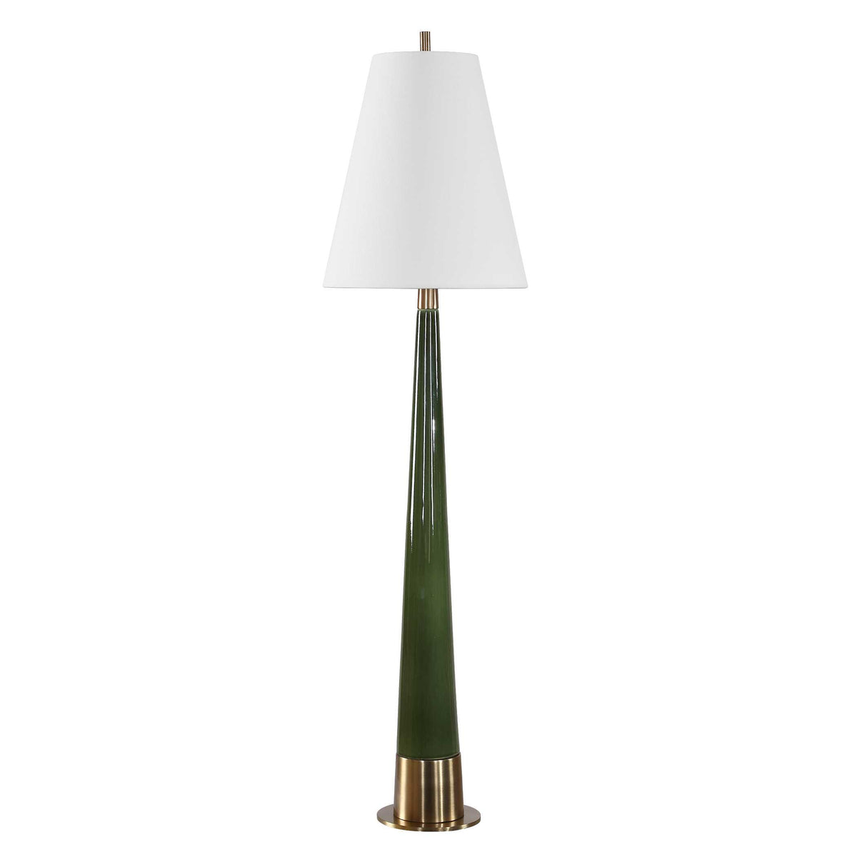 Green and gold bedside lamp, 38 inch tall slim tapered ceramic column on an antique brass pedestal foot