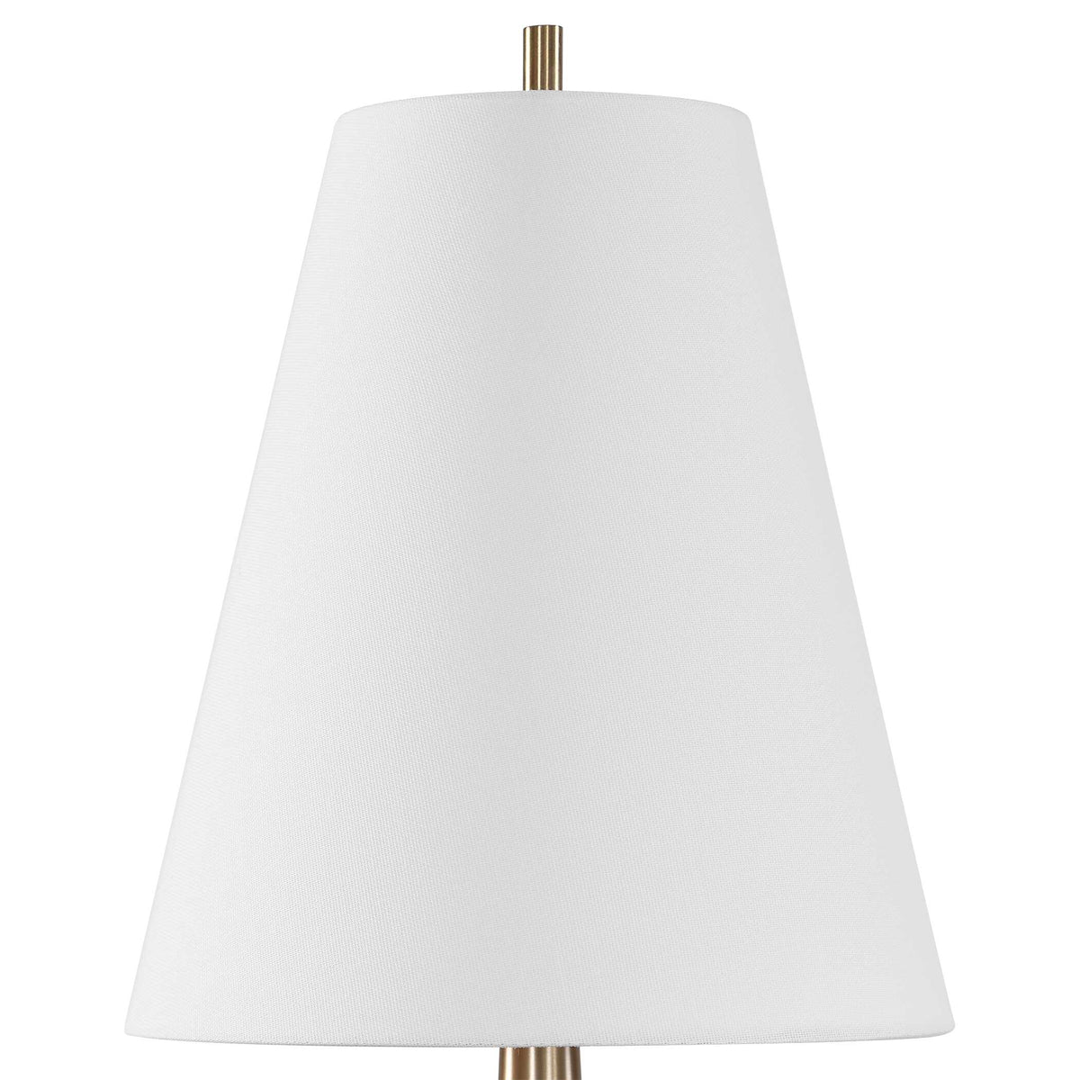 Close view of the white taper hardback shade and brass finial on this Mid Century nightstand lamp, 5.5 pounds