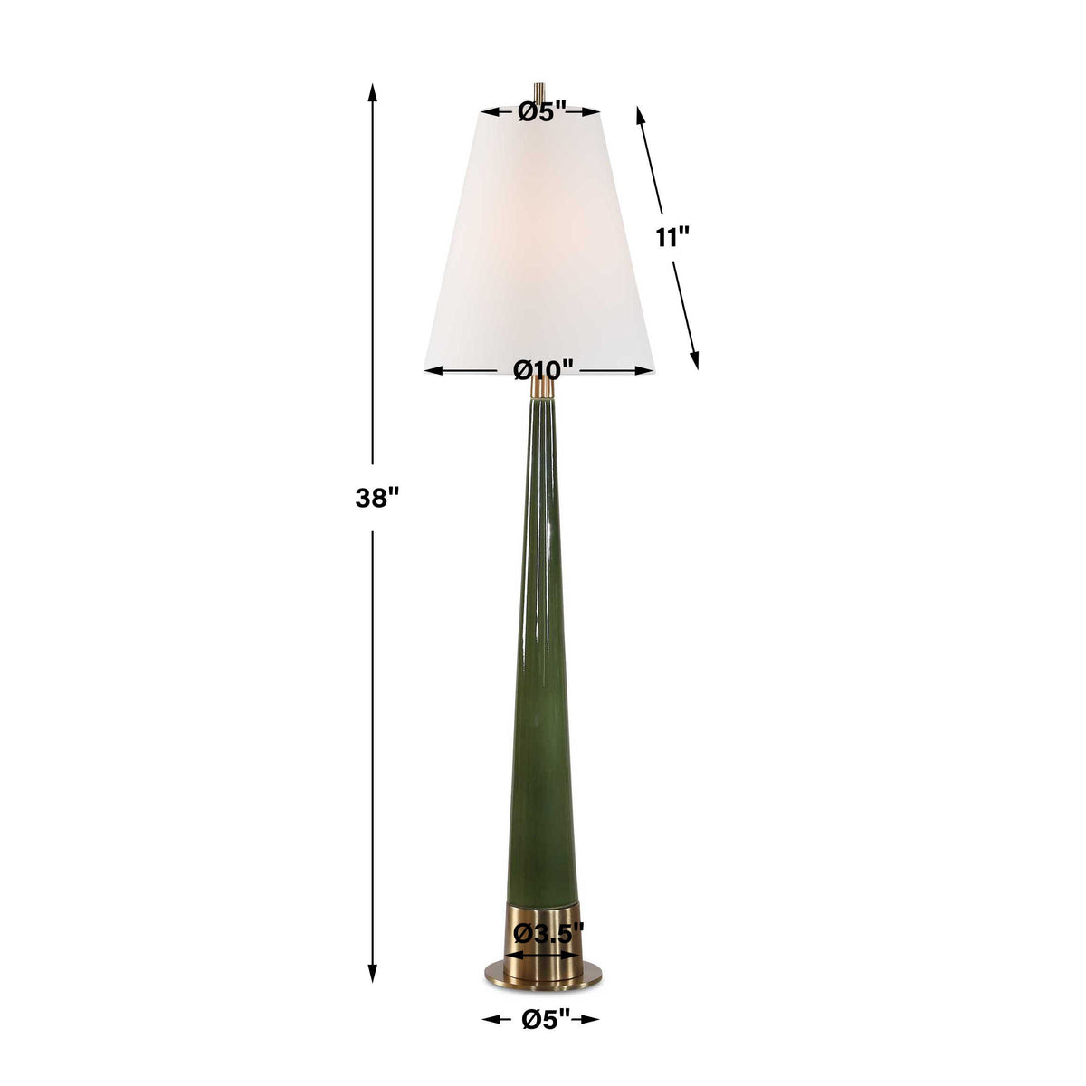 Moss green ceramic table lamp dimensions, 10 inch wide, 10 inch deep, 38 inch high
