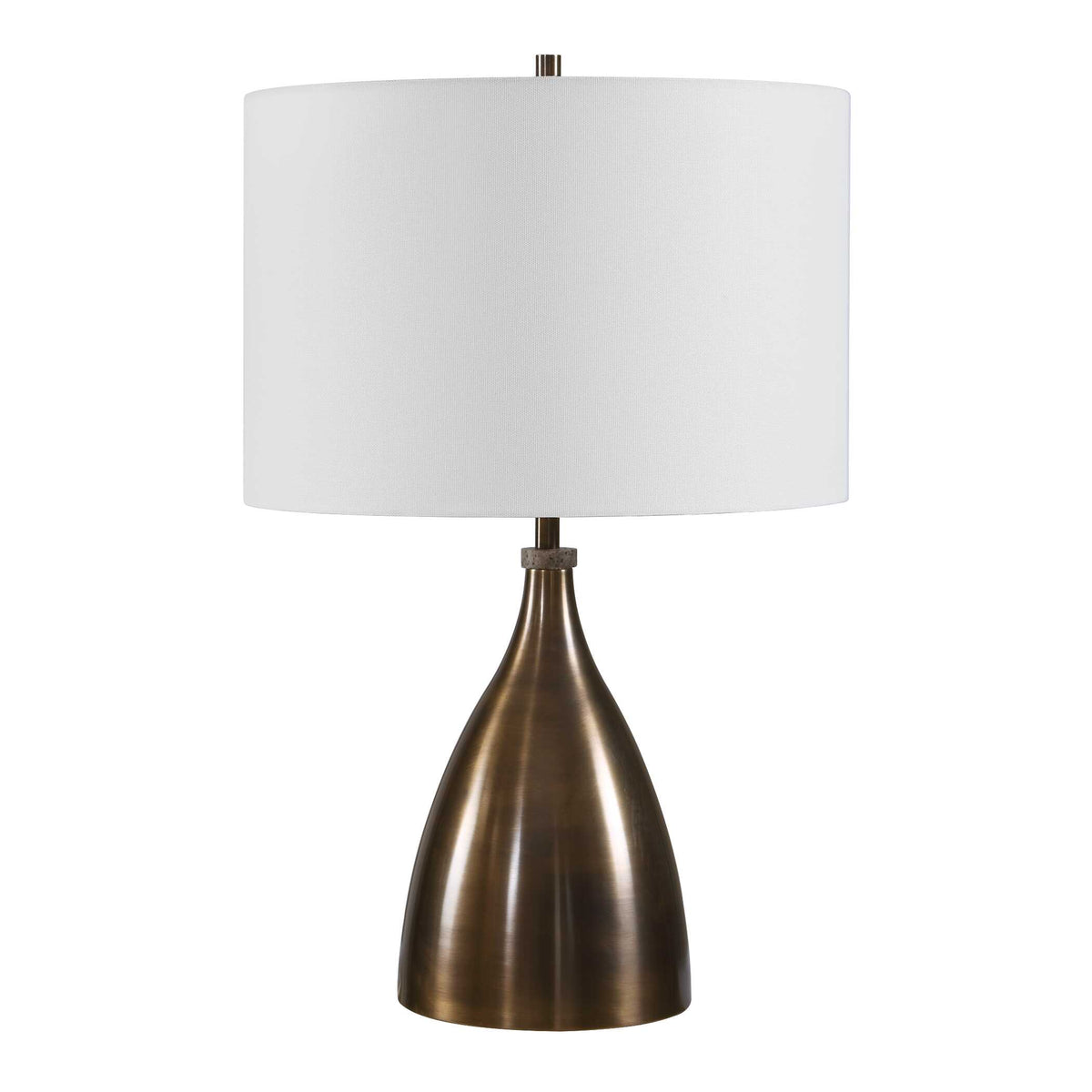 Rubbed bronze iron bedside lamp with white drum shade, Art Deco style, side angle on white