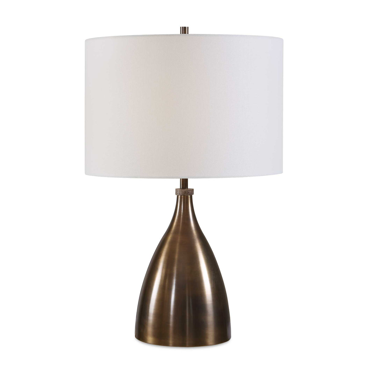 24 inch bronze and travertine table lamp with white linen drum shade