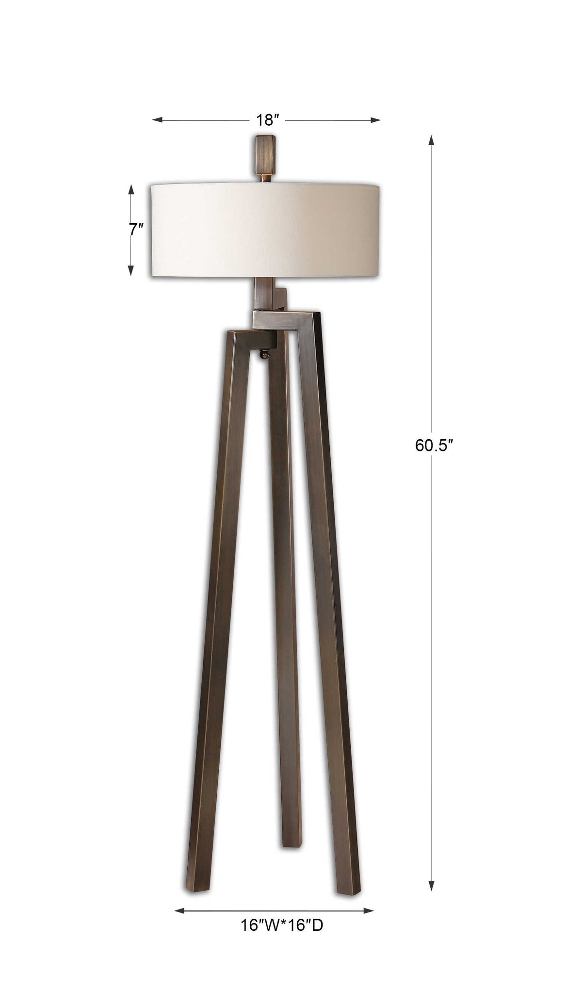 Floor lamp dimensions, 18 x 18 x 60.5 inches, 7 inch tall drum shade, 16 inch footprint, 12 lb