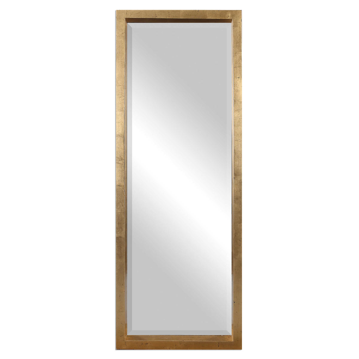 28 x 76 inch antiqued gold leaf solid wood beveled leaner mirror