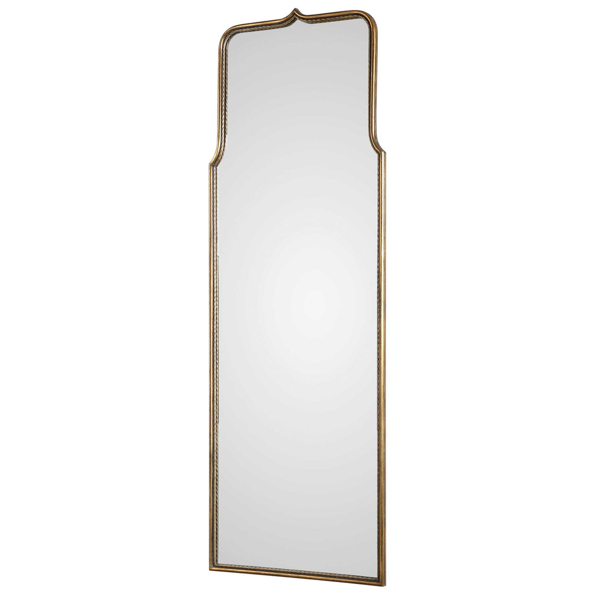 Angled view of a tall mirror with a gracefully curved iron frame and a peaked top