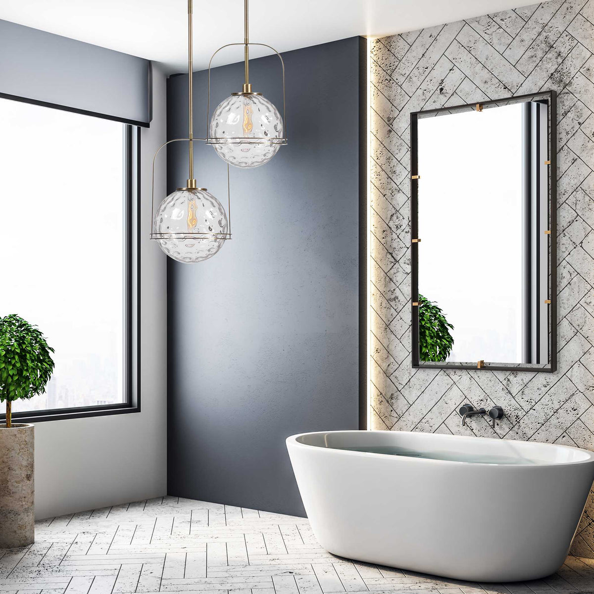 Uttermost 09845 Egon rectangular mirror in a bathroom with a freestanding tub