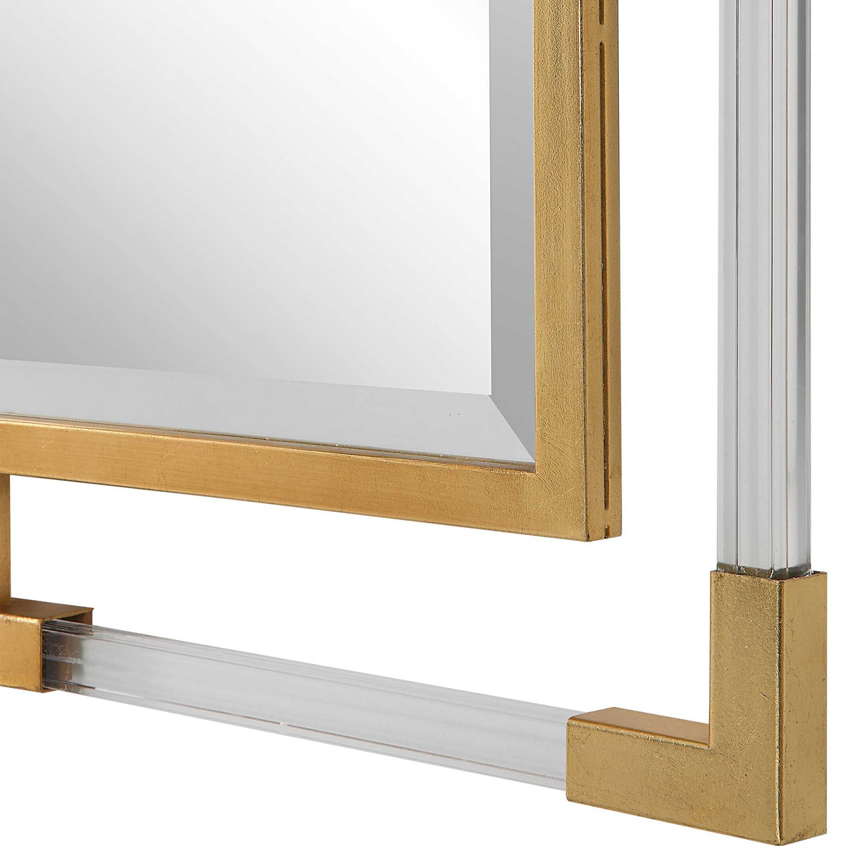 Art Deco gold wall mirror with suspended clear acrylic bars on a forged iron frame