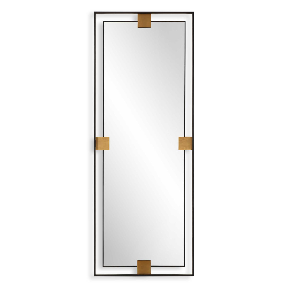 29 x 77 inch oversized satin black metal mirror with brushed brass details