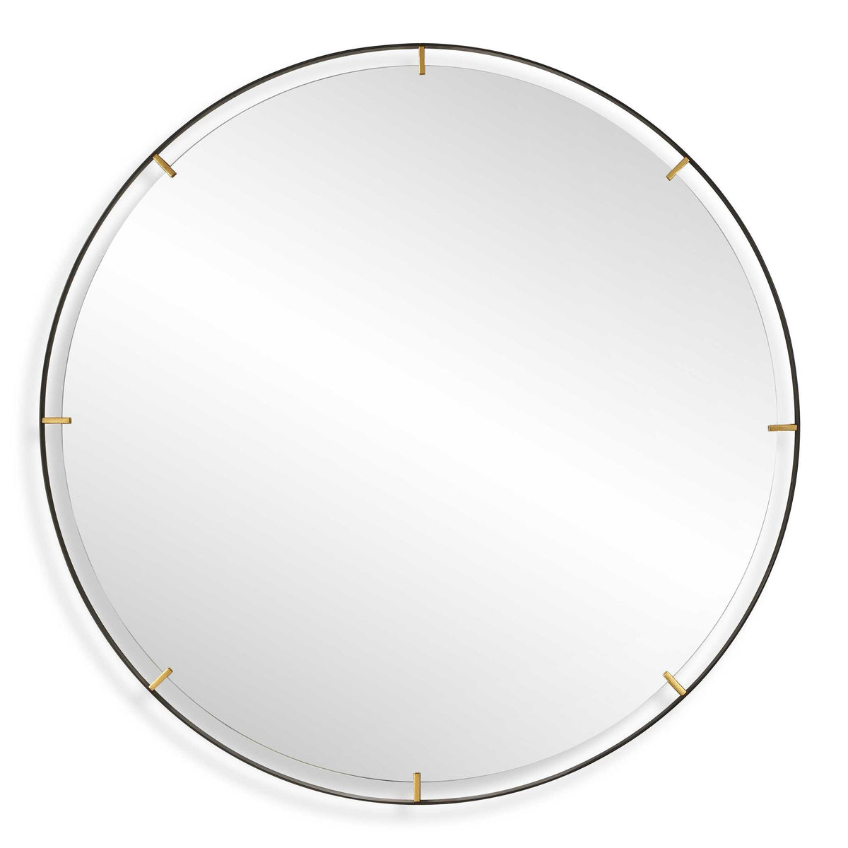 72 inch large round black iron mirror with lightly antiqued gold clips
