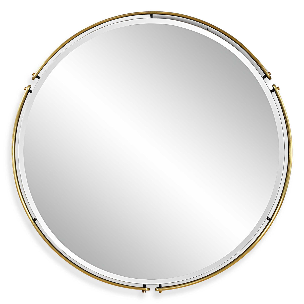 38 inch round antique brass beveled wall mirror with double iron bands